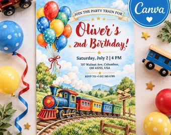 Uitnodiging voor een treinverjaardag (2e verjaardag), uitnodiging voor een treinverjaardagsfeestje, verjaardag van een jongen die twee wordt, locomotieffeestje, Canva-sjabloon
