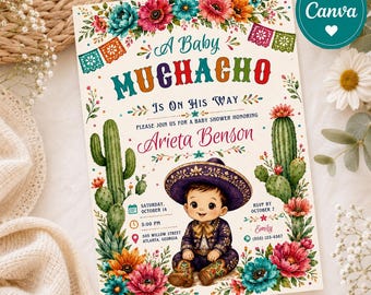 Een Baby Muchacho babyshower uitnodigingssjabloon, bewerkbare Canva Mexicaanse babyshower uitnodiging, Fiesta babyshower, Little Muchacho feestje
