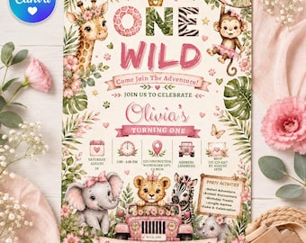 Verjaardagskaart Wild One voor een meisje | Roze safari-verjaardagskaart | Uitnodiging voor een eerste verjaardag in safari-stijl | Bewerkbaar Canva-sjabloon
