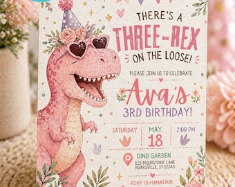 Three Rex Birthday Invitation Girl Editable | Pink Dinosaur 3rd Birthday Invite | Floral Dino Party Canva Template Printable