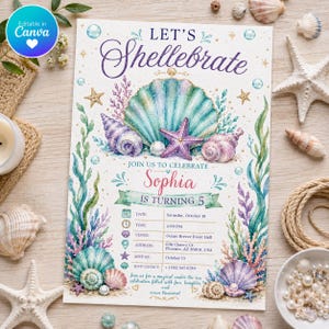 Seashell Birthday Invitation Template | Shellebrate Birthday Party Invite,Editable Canva Under The Sea Invitation,Ocean Shell Birthday Party