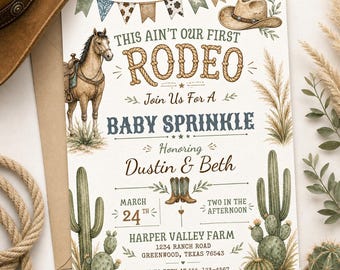 Invitación para baby shower con temática del Oeste | Invitación para baby shower con temática vaquera | Este no es nuestro primer baby shower con temática de rodeo | Plantilla editable de Canva