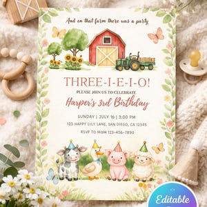 Three I E I O Birthday Invitation, Editable Boy 3rd Birthday Farm Invite, Barnyard Birthday, Farm Red Birthday Party, Tractor Party KB33