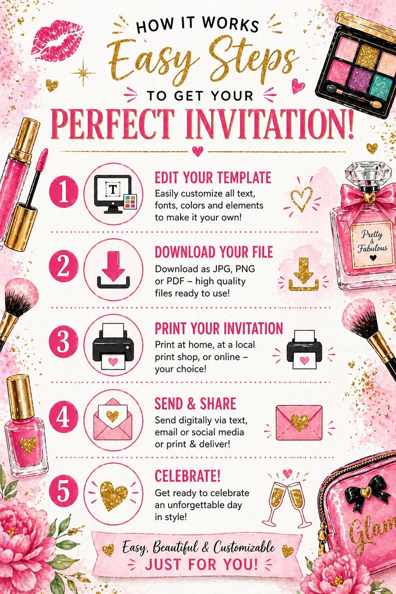 May include: A pink and gold invitation design guide with makeup and perfume illustrations. The steps include editing a template, downloading a file, printing, sharing, and celebrating. Text reads: "Easy Steps to Get Your Perfect Invitation!"