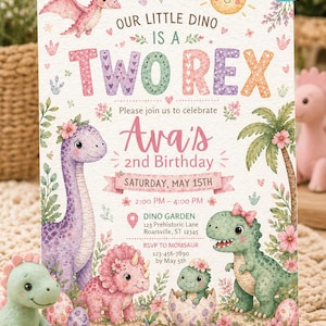 May include: A colorful invitation for a child's second birthday party. The design features dinosaur illustrations, the text "TWO REX", and details for the event, including the date, time, and location.