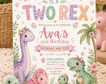 Twee Rex verjaardagskaart voor een meisje (bewerkbaar) | Dinosaurus 2e verjaardagskaart | Pastelkleurige dinofeest Canva-sjabloon (printbaar)