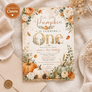 Our Little Pumpkin Is Turning One Invitation Template, Editable Canva First Birthday Invite, Fall Pumpkin Birthday Party Printable