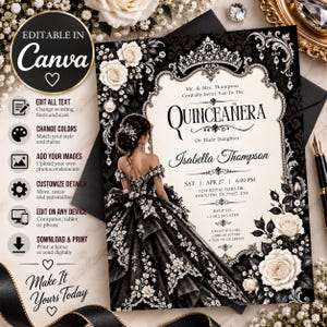 Peut inclure: Un modèle d'invitation de Quinceañera noir et crème avec une illustration d'une personne en robe de bal noire, une couronne décorative et des roses blanches. Le texte inclut "Mr. & Mrs. Thompson", "QUINCEAÑERA", "Isabella Thompson" et les détails.