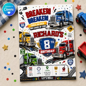 Peut inclure: Une carte d'invitation d'anniversaire avec des semi-remorques bleus, jaunes et rouges, des confettis et des panneaux routiers. Le texte inclut BREAKER! BREAKER!, RICHARD'S 8TH BIRTHDAY, TRUCK ON OVER FOR LOADS OF FUN! et les détails de l'événement.