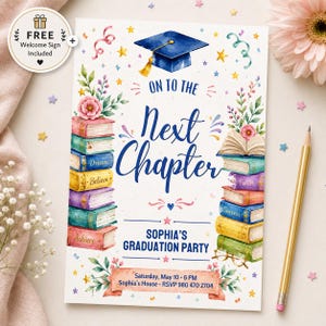 May include: Graduation party invitation with a watercolor design. The invitation features a blue graduation cap, stacks of books, and the text "On to the Next Chapter." The invitation includes the graduate's name, party details, and RSVP information.