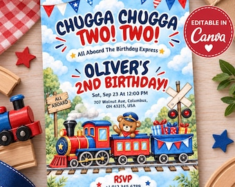 Uitnodiging voor een tweede verjaardag met treinthema, uitnodiging voor een tweede verjaardag met treinthema, treinverjaardagsfeestje, feestje voor een kleine conducteur, tweede verjaardag van een jongen, canvas