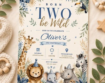 Verjaardagskaart 'Born Two Be Wild' voor een jongen | Blauwe safari-uitnodiging voor een 2e verjaardag | Jungle-verjaardagssjabloon op Canva | Bewerkbare en printbare feestuitnodiging