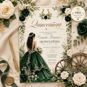 May include: Quinceañera invitation featuring a watercolor illustration of a woman in a green gown. The invitation includes text with the name "Camila Benson" and event details. Floral and horseshoe accents decorate the design, with a "Free Welcome Sign Included" notice.