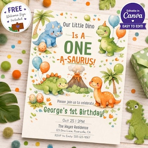 May include: A whimsical invitation for a first birthday party, featuring cartoon dinosaurs, balloons, and palm trees. The text reads "Our Little Dino Is A One -A-Saurus!" and includes party details. The design is editable in Canva.