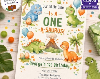 Dinosaur Birthday Party Invitation, One-A-Saurus Birthday Invite, Boy Dinosaur 1st Birthday, One A-saurus Boy First Birthday, Editable Canva