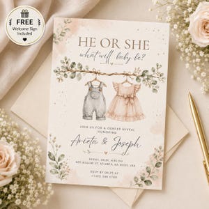 May include: A gender reveal invitation with the text "He or She, what will baby be?" features watercolor illustrations of overalls and a dress. The invitation includes event details and the names Arieta & Joseph. A welcome sign is included.