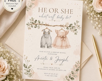 Uitnodiging voor een genderonthulling (jongen of meisje) | Neutrale uitnodiging voor een babyonthulling | Boho-sjabloon voor een genderonthulling | Bewerkbare Canva-uitnodiging |