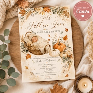 Let's Fall in Love Baby Shower Invitation Template,Editable Canva Fall Baby Shower Invite, Pumpkin Baby Shower Invitation,Autumn Baby Shower