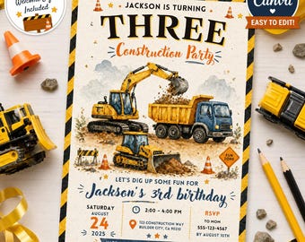 Construction Birthday Invitation Template |Construction Truck Birthday Invite | Editable Canva Construction Party | Digging It Invitation