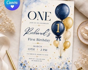 Blauwgouden uitnodiging voor de eerste verjaardag, uitnodiging voor de eerste verjaardag van een jongen, elegant verjaardagsfeest met ballonnen, verjaardag van de Kleine Prins, bewerkbaar Canva-bestand