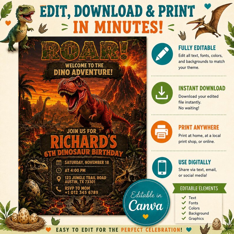 May include: A digital dinosaur-themed birthday invitation with a roaring T-Rex illustration. The invitation includes the text "ROAR!" and details for Richard's 6th birthday, editable in Canva. The design features a volcano and palm trees.