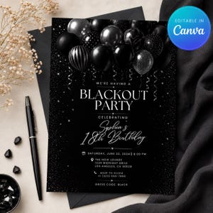 Peut inclure: Une carte d'invitation noire pour une Blackout Party célébrant le 18e anniversaire de Sophia le samedi 22 juin 2024 à 20h00. Le design présente des ballons noirs, des confettis argentés et du texte blanc sur un fond sombre étoilé.