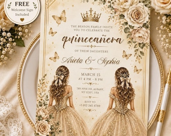 Twin Quinceañera Invitation Template |Editable Sweet 15 Twin Sisters Invite,Luxury Gold Princess Canva Invitation,Elegant Floral Quinceañera