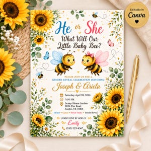 May include: A gender reveal invitation card featuring sunflowers, green leaves, and two cartoon bees. Text reads: He or She What Will Our Little Baby Bee? Joseph & Arieta, Saturday, April 20, 2026, 7:00 PM, Sunny Bloom Garden, 2024 Elm Road, Austin, TX 73301.