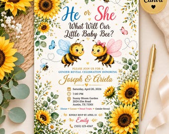 Hij of zij, wat wordt het geslacht van onze kleine bij? Uitnodiging voor de genderonthulling van de baby, bewerkbare Canva-uitnodiging voor de genderonthulling van de bij, zonnebloem-baby-bij-onthullingsfeestje