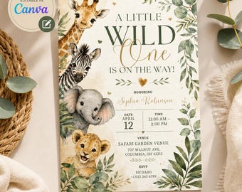 Baby shower uitnodiging sjabloon: Een klein wild beestje | Safari baby shower uitnodiging | Bewerkbare Canva baby shower uitnodiging met jungledieren