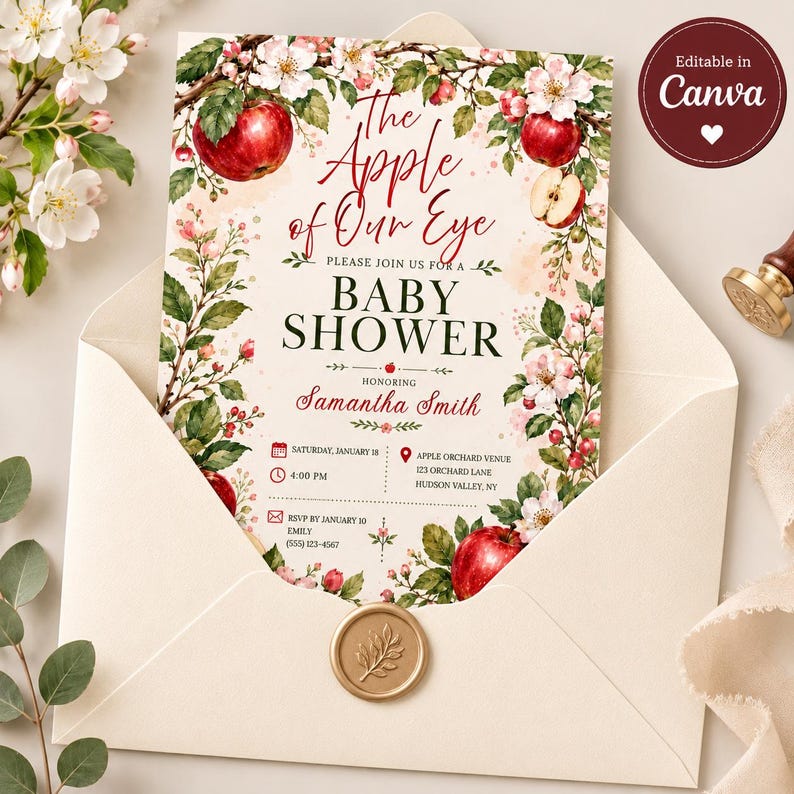Puede incluir: Una tarjeta de invitaci&oacute;n para baby shower de color crema con ilustraciones en acuarela de manzanas rojas y flores de manzano blancas. El texto dice The Apple of Our Eye, Baby Shower, en honor a Samantha Smith, con detalles del evento.