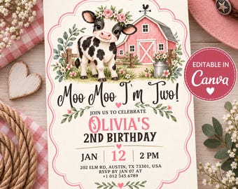 Roze koe uitnodiging voor een tweede verjaardag, 'Moe Moe Ik Ben Twee' verjaardagskaart, verjaardag met boerderijdieren, cowgirl boerderijfeest, meisje 2e verjaardag Canva