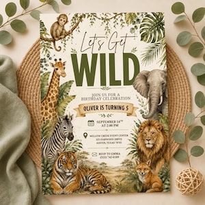 Let's Get Wild Birthday Invitation| Safari Birthday Invitation| Jungle Animals Birthday Invite| Editable Canva Template| Wild Birthday Party