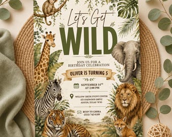 Let's Get Wild Birthday Invitation | Safari Birthday Invitation| Jungle Animals Birthday Invite| Editable Canva Template| Wild Birthday Party