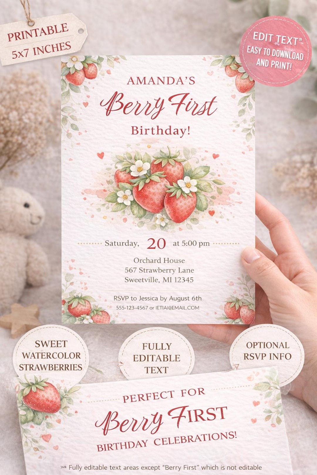 Editable Strawberry 1st Birthday Invitation | Berry First Birthday ...