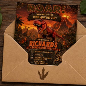May include: A dinosaur-themed birthday invitation card inside a kraft paper envelope. The invitation features a roaring Tyrannosaurus Rex, volcano, and palm trees. Text includes "ROAR!" and "Richard's 6th Dinosaur Birthday".