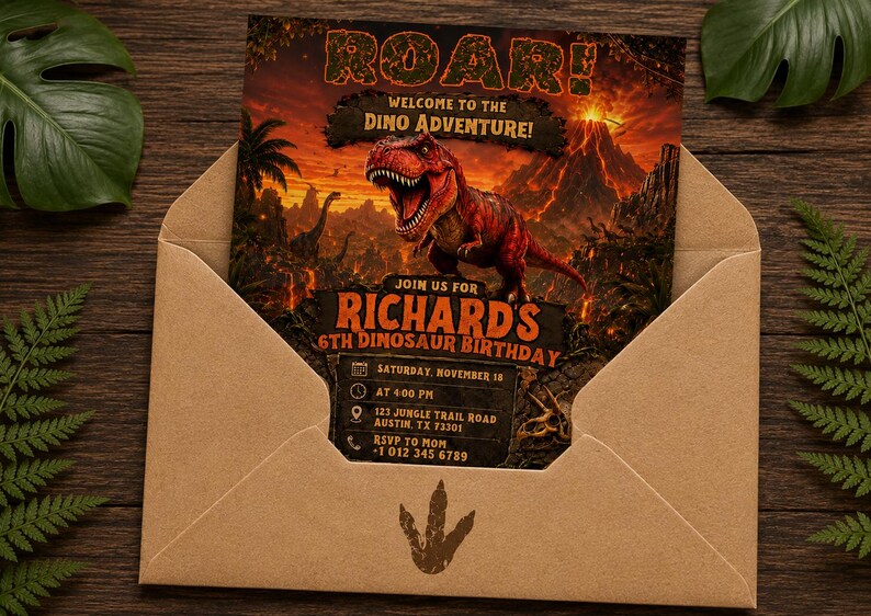 May include: A dinosaur-themed birthday invitation card inside a kraft paper envelope. The invitation features a roaring Tyrannosaurus Rex, volcano, and palm trees. Text includes "ROAR!" and "Richard's 6th Dinosaur Birthday".
