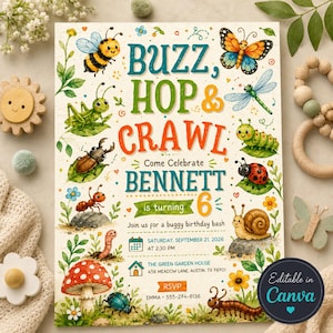 Könnte beinhalten: Eine verspielte Einladung mit dem Text "BUZZ, HOP & CRAWL" für eine Käfer-Geburtstagsparty. Das Design zeigt farbenfrohe Illustrationen von Insekten, Blumen und den Text "BENNETT wird 6". Enthält Eventdetails und RSVP-Informationen.