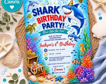 Sjabloon voor een uitnodiging voor een haaienverjaardag, bewerkbare uitnodiging voor een haaienverjaardagsfeest, onderwater verjaardagsuitnodiging, Canva-sjabloon voor een oceaanverjaardag.