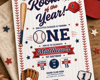 Rookie of the Year 1st Birthday Invitation Editable | Baseball First Birthday Invite Boy | Little Slugger Canva Template Printable