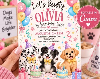 Uitnodiging voor een tweede verjaardag, uitnodiging voor een hondenverjaardagsfeestje, feestje met schattige puppy's, meisje dat twee wordt, bewerkbare Canva-sjabloon