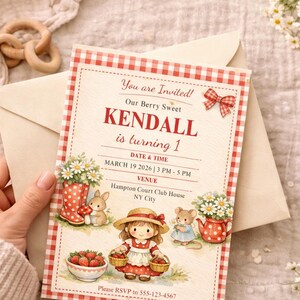 Strawberry First Birthday Invitation, Strawberry 1st Birthday Invitation, Strawberry Birthday Invitation, Strawberry Birthday Invite DIGITAL image 2