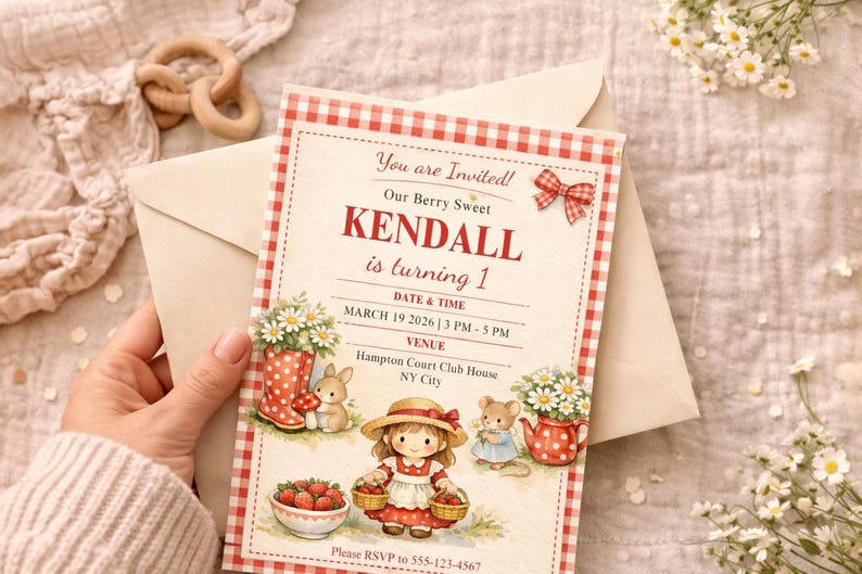 Strawberry First Birthday Invitation, Strawberry 1st Birthday Invitation, Strawberry Birthday Invitation, Strawberry Birthday Invite DIGITAL image 2