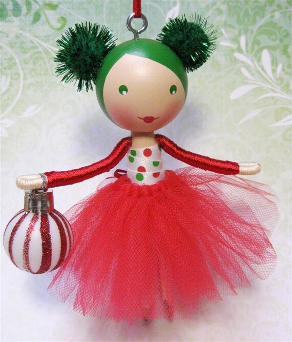 Clothespin Doll Christmas Tree Ornament 2012 Red Green and Etsy