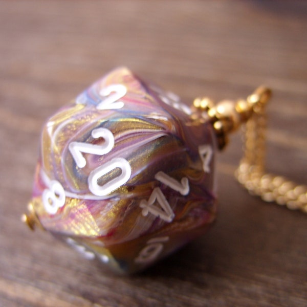 dice necklace D20 dice pendant dungeons and dragons dice jewelry festive carousel dice dnd polyhedral dice colorful gold purple pink