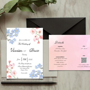Set di inviti di nozze minimalisti, acquerello, fiori, modelli Canva, invito di nozze, scheda dettagliata, download digitale