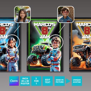 Poster di compleanno personalizzato ispirato a Monster Truck Jam | Poster Avatar personalizzato | Modello modificabile | su richiesta