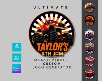 Generator niestandardowych logo inspirowany Monster Truck Jam | 21 dostosowywalnych wersji logo do eksportu PNG | Zaproszenia urodzinowe, koszulki, dekoracje i prezenty