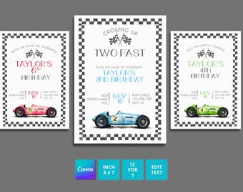 May include: Three printable birthday party invitations featuring a vintage race car design. The invitations are decorated with a checkered flag pattern and the text "Race on over to celebrate Taylor's [age] birthday".
