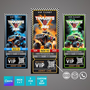 May include: Three printable VIP tickets for a monster truck themed birthday party. The tickets are black with orange, green, and blue accents. Each ticket features a monster truck graphic, the text "Taylor's 8th Jam", and the date "Sun Nov 16 2025".